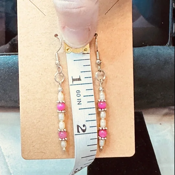 Stainless Steel Dangle Earrings Freshwater Pearls & Crackle Quartz Hand Made - Picture 9 of 11